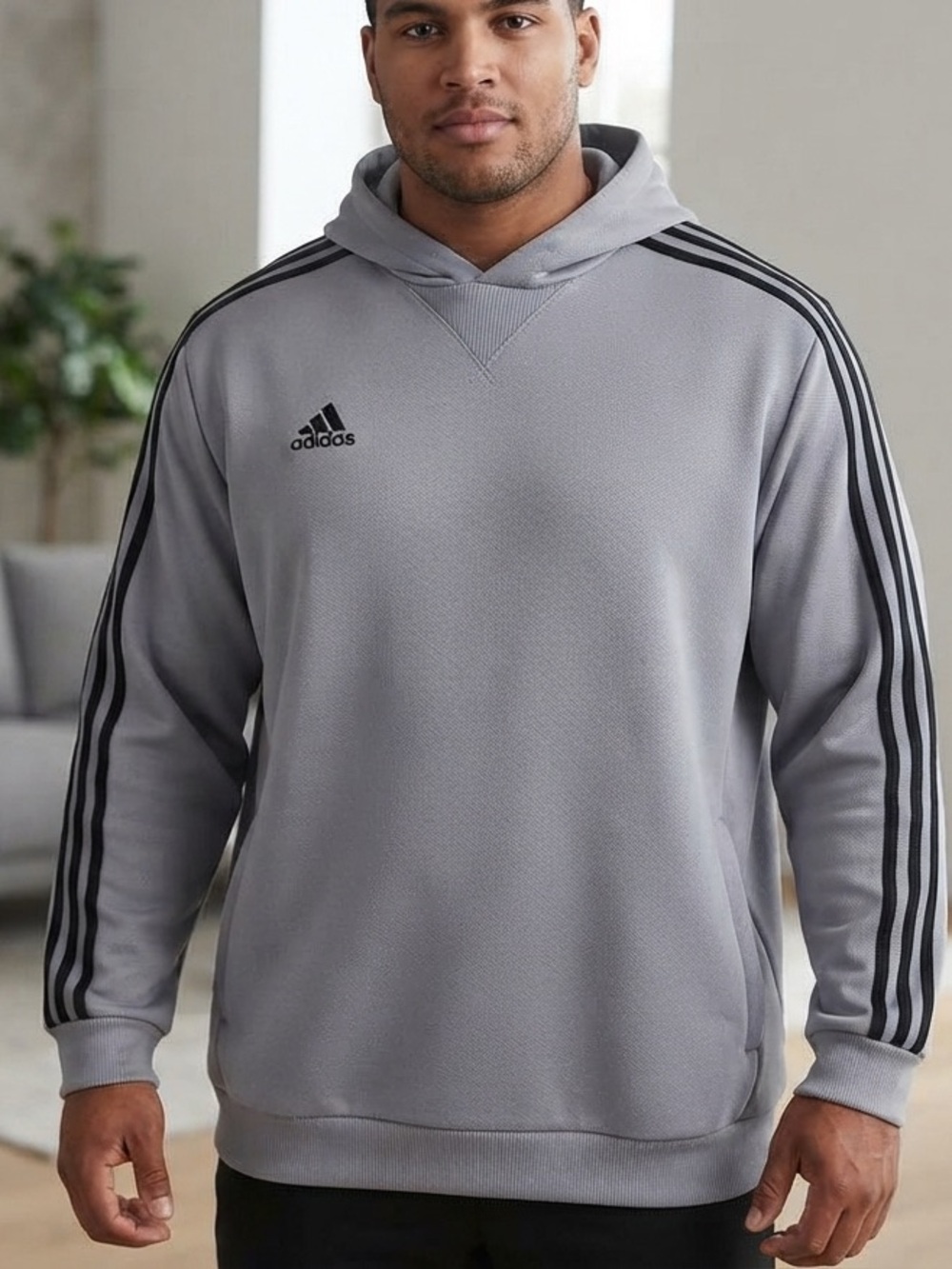 689 Adidas Men's Light Gray Hoodie with Black Stripes